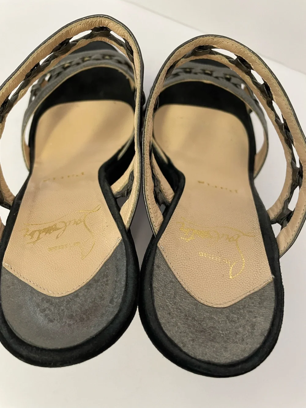 Christian Louboutin Black Suede and Metallic Grey Wedge Sandals